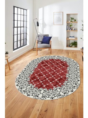 Evdeya Baskılı Kaymaz Yıkanabilir Klasik Desen Yolluk Oval Mutfak Salon Halısı, O-Klasik-04-Bordo,