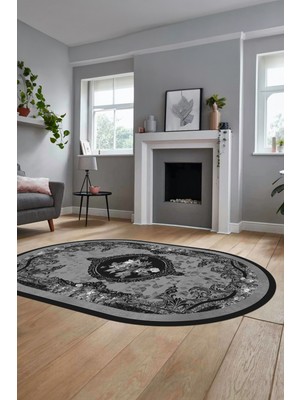 Evdeya Çiçekli Klasik Dijital Kaymaz Taban Yıkanabilir Oval Yolluk Salon Halısı, O-Klasik-16-Antrasit,