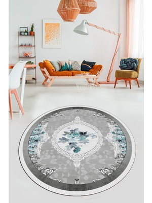 Evdeya Çiçekli Klasik Dijital Kaymaz Taban Yıkanabilir Yuvarlak Mutfak Salon Halısı, Y-Klasik-16-Mavi,