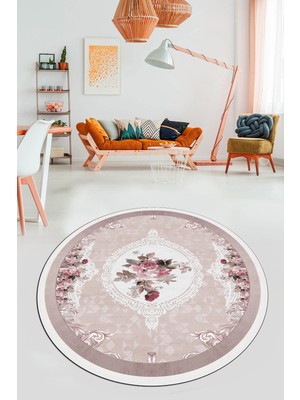 Evdeya Çiçekli Klasik Dijital Kaymaz Taban Yıkanabilir Yuvarlak Mutfak Salon Halısı, Y-Klasik-16-Pembe,