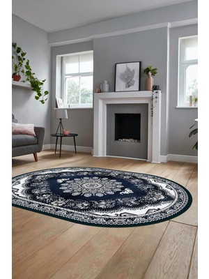 Evdeya Klasik Desen Dijital Kaymaz Taban Yıkanabilir Oval Yolluk Mutfak Salon Halısı, O-Klasik-13-Mavi,