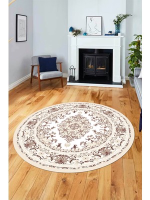 Evdeya Klasik Desenli Dijital Kaymaz Yıkanabilir Yuvarlak Mutfak Salon Halısı, Y-Klasik-23-Krem,