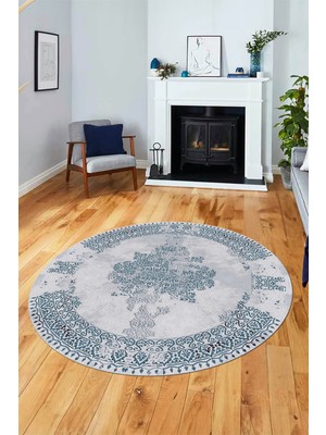 Evdeya Sade Klasik Desenli Dijital Kaymaz Yıkanabilir Yuvarlak Mutfak Salon Halısı, Y-Klasik-22-Mavi,