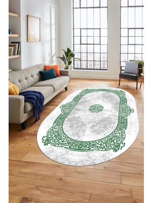 Evdeya Sade Klasik Desen Dijital Kaymaz Taban Yıkanabilir Oval Yolluk Salon Halısı, O-Klasik-20-Yeşil,
