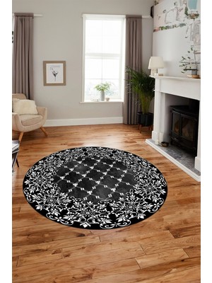 Evdeya Baskılı Kaymaz Yıkanabilir Klasik Desen Yuvarlak Mutfak Salon Halısı, Y-Klasik-04-Siyah,