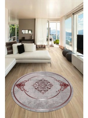 Evdeya Baskılı Kaymaz Yıkanabilir Çerçeveli Klasik Desen Yuvarlak Mutfak Salon Halısı, Y-Klasik-05-Bordo,