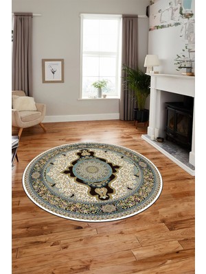 Evdeya Baskılı Kaymaz Yıkanabilir Çerçeveli Göbekli Klasik Desen Salon Halısı, Y-Klasik-02-Yeşil,