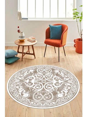 Evdeya Baskılı Kaymaz Yıkanabilir Klasik Desenli Yuvarlak Mutfak Salon Halısı, Y-Klasik-09-Kahve,