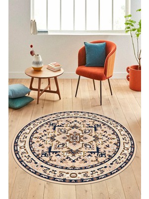 Evdeya Baskılı Kaymaz Yıkanabilir Klasik Desen Yuvarlak Mutfak Salon Halısı, Y-Klasik-10-Antrasit,