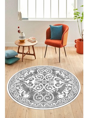 Evdeya Baskılı Kaymaz Yıkanabilir Klasik Desenli Yuvarlak Mutfak Salon Halısı, Y-Klasik-09-Gri,