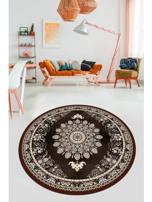 Evdeya Klasik Desen Dijital Kaymaz Taban Yıkanabilir Yuvarlak Mutfak Salon Halısı, Y-Klasik-13-Kahve,