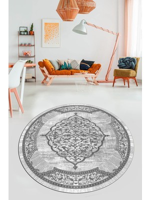 Evdeya Zarif Klasik Desen Dijital Kaymaz Taban Yıkanabilir Yuvarlak Mutfak Salon Halısı, Y-Klasik-15-Gri,