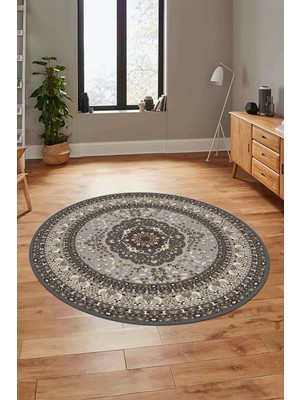 Evdeya Renkli Klasik Desen Dijital Kaymaz Yıkanabilir Yuvarlak Mutfak Salon Halısı, Y-Klasik-26-Gri,