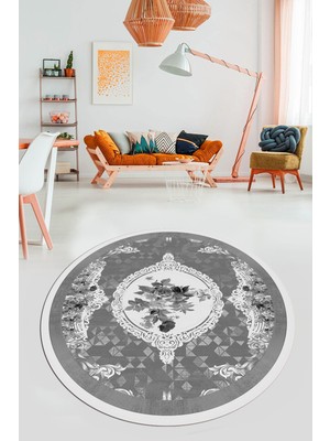 Evdeya Çiçekli Klasik Dijital Kaymaz Taban Yıkanabilir Yuvarlak Mutfak Salon Halısı, Y-Klasik-16-Gri,