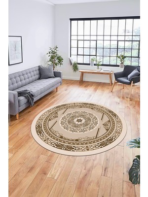 Evdeya Modern Klasik Dijital Kaymaz Taban Yıkanabilir Yuvarlak Mutfak Salon Halısı, Y-Klasik-17-Kahve,