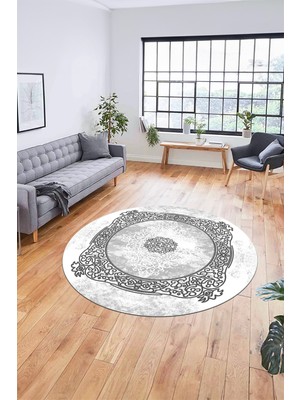 Evdeya Sade Klasik Dijital Kaymaz Taban Yıkanabilir Yuvarlak Mutfak Salon Halısı, Y-Klasik-20-Gri,