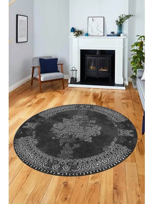 Evdeya Sade Klasik Desenli Dijital Kaymaz Yıkanabilir Yuvarlak Mutfak Salon Halısı, Y-Klasik-22-Antrasit,