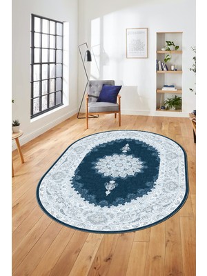 Evdeya Baskılı Kaymaz Yıkanabilir Göbekli Klasik Desen Oval Mutfak Salon Halısı, O-Klasik-03-Mavi,
