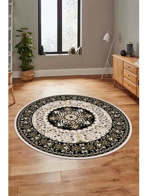 Evdeya Renkli Klasik Motifli Dijital Kaymaz Yıkanabilir Yuvarlak Mutfak Salon Halısı, Y-Klasik-27-Siyah,