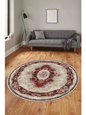 Evdeya Çiçekli Klasik Motifli Dijital Kaymaz Yıkanabilir Yuvarlak Mutfak Salon Halısı, Y-Klasik-29-Bordo,