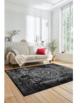 Evdeya Renkli Klasik Desen Dijital Kaymaz Taban Yıkanabilir Yolluk Mutfak Salon Halısı, Klasik-12-Antrasit,