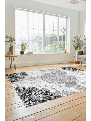 Evdeya Şık  Klasik Desen Dijital Kaymaz Taban Yıkanabilir Yolluk Mutfak Salon Halısı, Klasik-19-Gri,