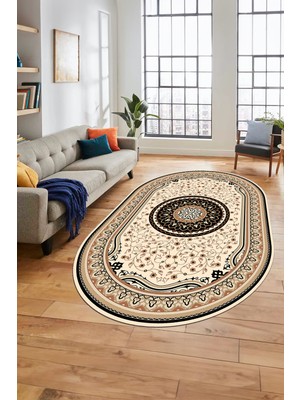 Evdeya Göbekli Klasik Dijital Kaymaz Taban Yıkanabilir Oval Yolluk Salon Halısı, O-Klasik-18-Siyah,