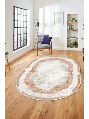 Evdeya Baskılı Kaymaz Yıkanabilir Çerçeveli Klasik Desen Oval Mutfak Salon Halısı, O-Klasik-01-Kahve,