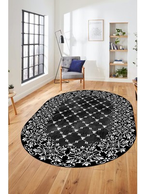 Evdeya Baskılı Kaymaz Yıkanabilir Klasik Desen Yolluk Oval Mutfak Salon Halısı, O-Klasik-04-Siyah,