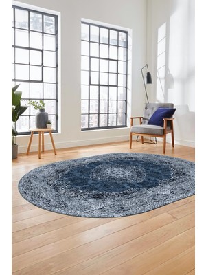 Evdeya Baskılı Kaymaz Yıkanabilir Göbekli Klasik Desen Oval Yolluk Salon Halısı, O-Klasik-07-Mavi,