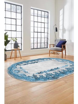 Evdeya Baskılı Kaymaz Yıkanabilir Renkli Klasik Desen Oval Yolluk Salon Halısı, O-Klasik-08-Mavi,