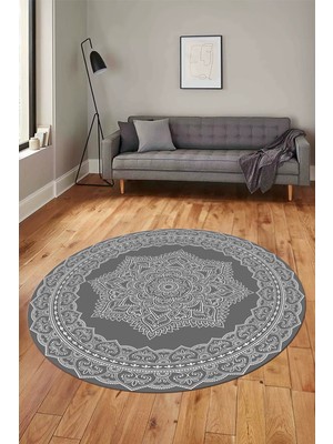 Evdeya Şık Göbekli Klasik Motif Dijital Kaymaz Yıkanabilir Yuvarlak Mutfak Salon Halısı, Y-Klasik-30-Gri,