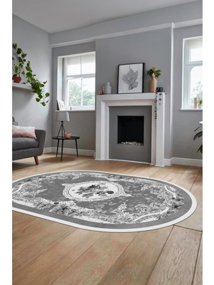 Evdeya Çiçekli Klasik Dijital Kaymaz Taban Yıkanabilir Oval Yolluk Salon Halısı, O-Klasik-16-Gri,