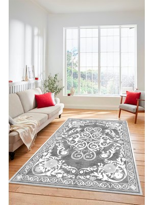 Evdeya Dijital Kaymaz Yıkanabilir Klasik Desenli Yolluk Mutfak Salon Halısı, Klasik-09-Gri,