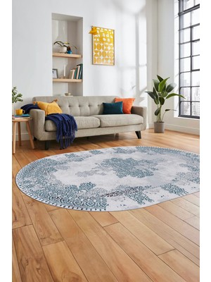 Evdeya Sade Klasik Desenli Dijital Kaymaz Yıkanabilir Oval Yolluk Salon Halısı, O-Klasik-22-Mavi,