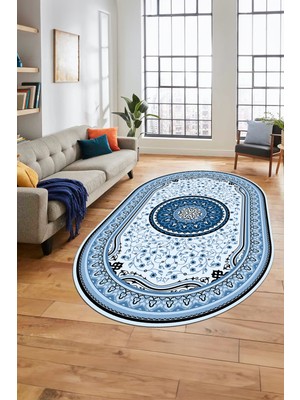 Evdeya Göbekli Klasik Dijital Kaymaz Taban Yıkanabilir Oval Yolluk Salon Halısı, O-Klasik-18-Mavi,
