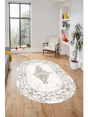 Evdeya Göbekli Klasik Motifli Dijital Kaymaz Yıkanabilir Oval Yolluk Salon Halısı, O-Klasik-28-Krem,