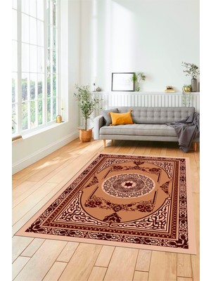 Evdeya Modern Klasik Desen Dijital Kaymaz Taban Yıkanabilir Yolluk Mutfak Salon Halısı, Klasik-17-Bordo,