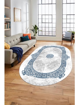 Evdeya Sade Klasik Desen Dijital Kaymaz Taban Yıkanabilir Oval Yolluk Salon Halısı, O-Klasik-20-Mavi,