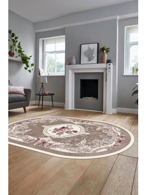 Evdeya Çiçekli Klasik Dijital Kaymaz Taban Yıkanabilir Oval Yolluk Salon Halısı, O-Klasik-16-Kahve,