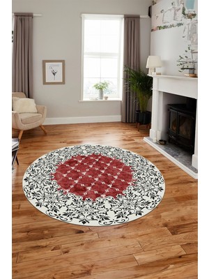 Evdeya Baskılı Kaymaz Yıkanabilir Klasik Desen Yuvarlak Mutfak Salon Halısı, Y-Klasik-04-Bordo,