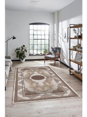 Evdeya Göbekli Klasik Desenli Dijital Kaymaz Yıkanabilir Yolluk Mutfak Salon Halısı, Klasik-24-Kahve,