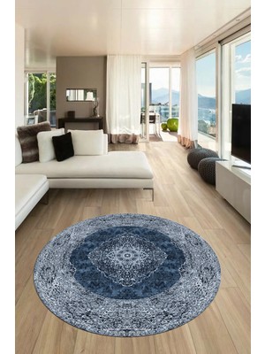 Evdeya Baskılı Kaymaz Yıkanabilir Göbekli Klasik Desen Yuvarlak Salon Halısı, Y-Klasik-07-Mavi,
