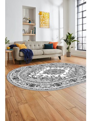 Evdeya Klasik Desenli Dijital Kaymaz Yıkanabilir Oval Yolluk Mutfak Salon Halısı, O-Klasik-23-Gri,