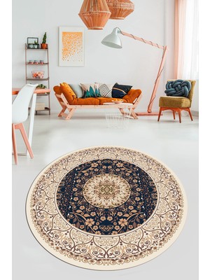 Evdeya Şık Klasik Desen Dijital Kaymaz Taban Yıkanabilir Yuvarlak Mutfak Salon Halısı, Y-Klasik-14-Krem,