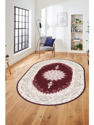 Evdeya Baskılı Kaymaz Yıkanabilir Göbekli Klasik Desen Oval Mutfak Salon Halısı, O-Klasik-03-Bordo,