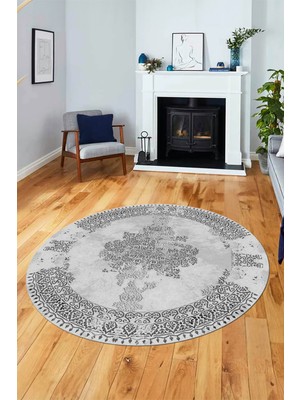 Evdeya Sade Klasik Desenli Dijital Kaymaz Yıkanabilir Yuvarlak Mutfak Salon Halısı, Y-Klasik-22-Gri,