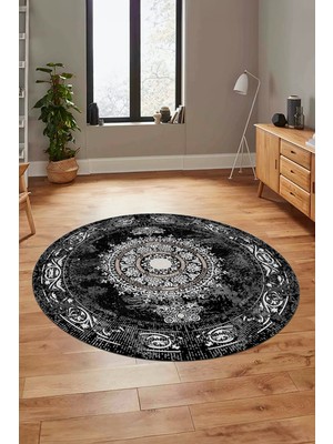 Evdeya Göbekli Klasik Desen Dijital Kaymaz Yıkanabilir Yuvarlak Mutfak Salon Halısı, Y-Klasik-25-Siyah,