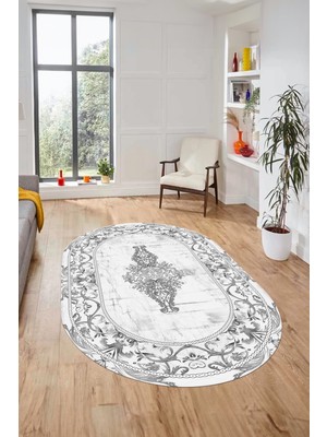 Evdeya Göbekli Klasik Motifli Dijital Kaymaz Yıkanabilir Oval Yolluk Salon Halısı, O-Klasik-28-Beyaz,
