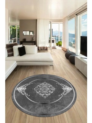 Evdeya Baskılı Kaymaz Yıkanabilir Çerçeveli Klasik Desen Yuvarlak Mutfak Salon Halısı, Y-Klasik-05-Antrast,